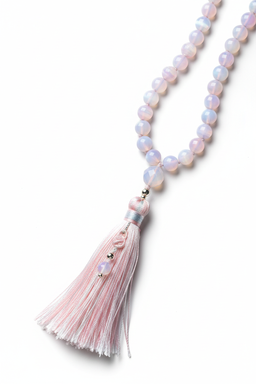 Close-up of Le Opaline Mala opaline bead surface and tassel craftsmanship