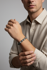 Male model wearing Zen Stone Bracelet natural gemstone bead bracelet on wrist