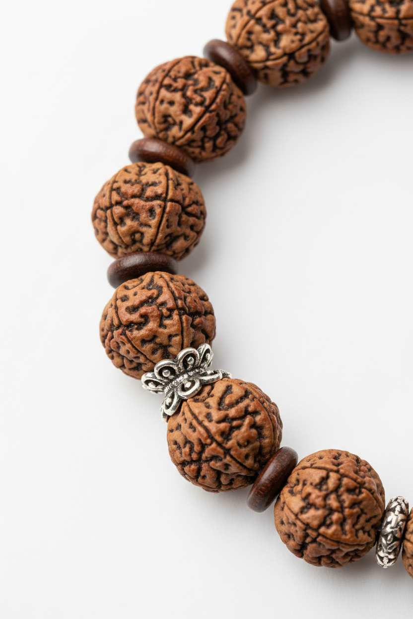 Close-up of natural rudraksha beads on Rudra Stone Bracelet showing detailed surface texture
