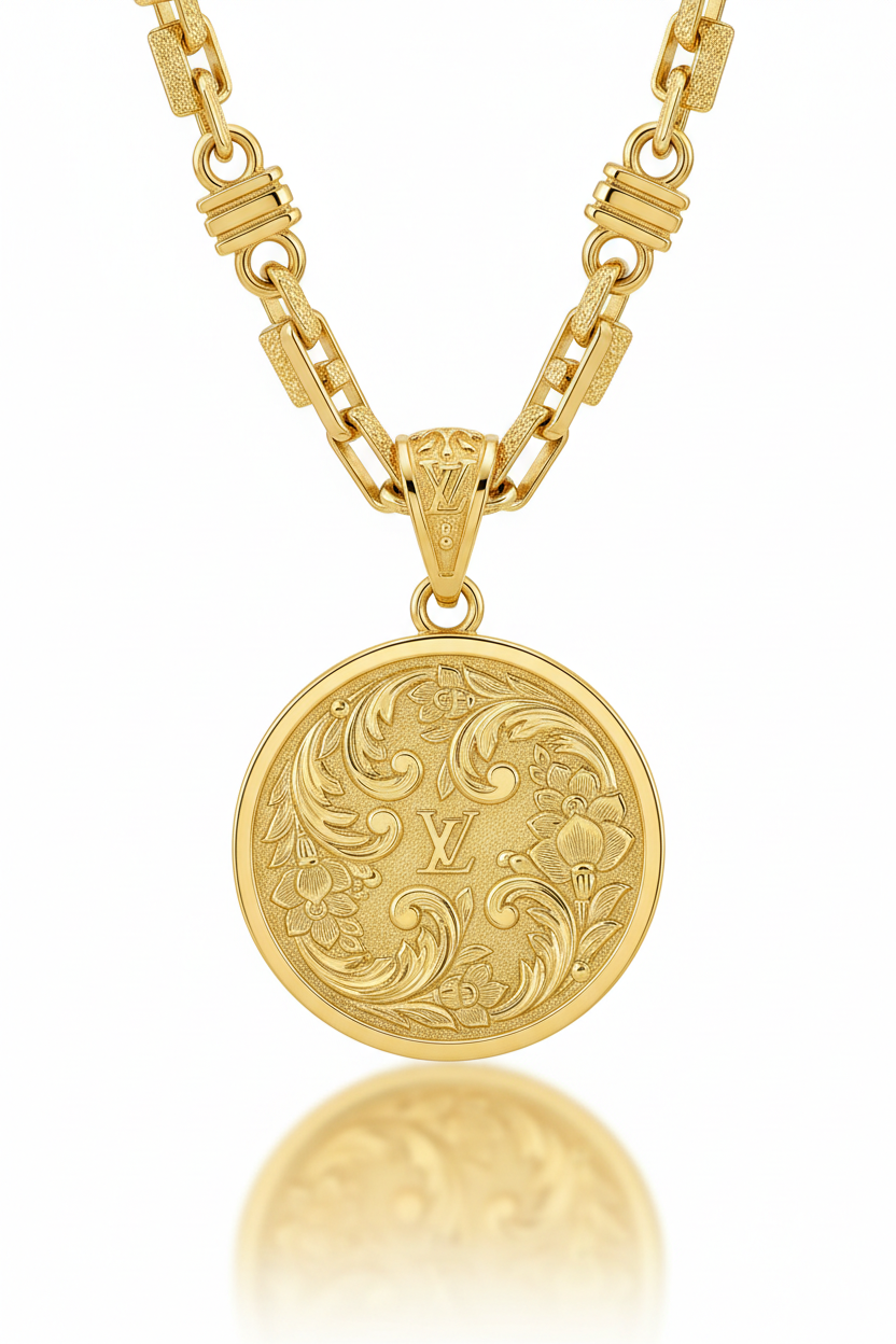 Macro texture shot of Le Velvet gold engraving and chain craftsmanship
