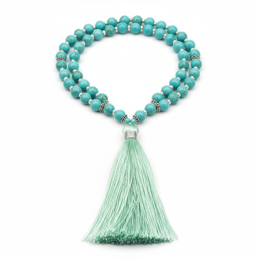 Luxury aqua blue turquoise mala necklace with mint tassel front view