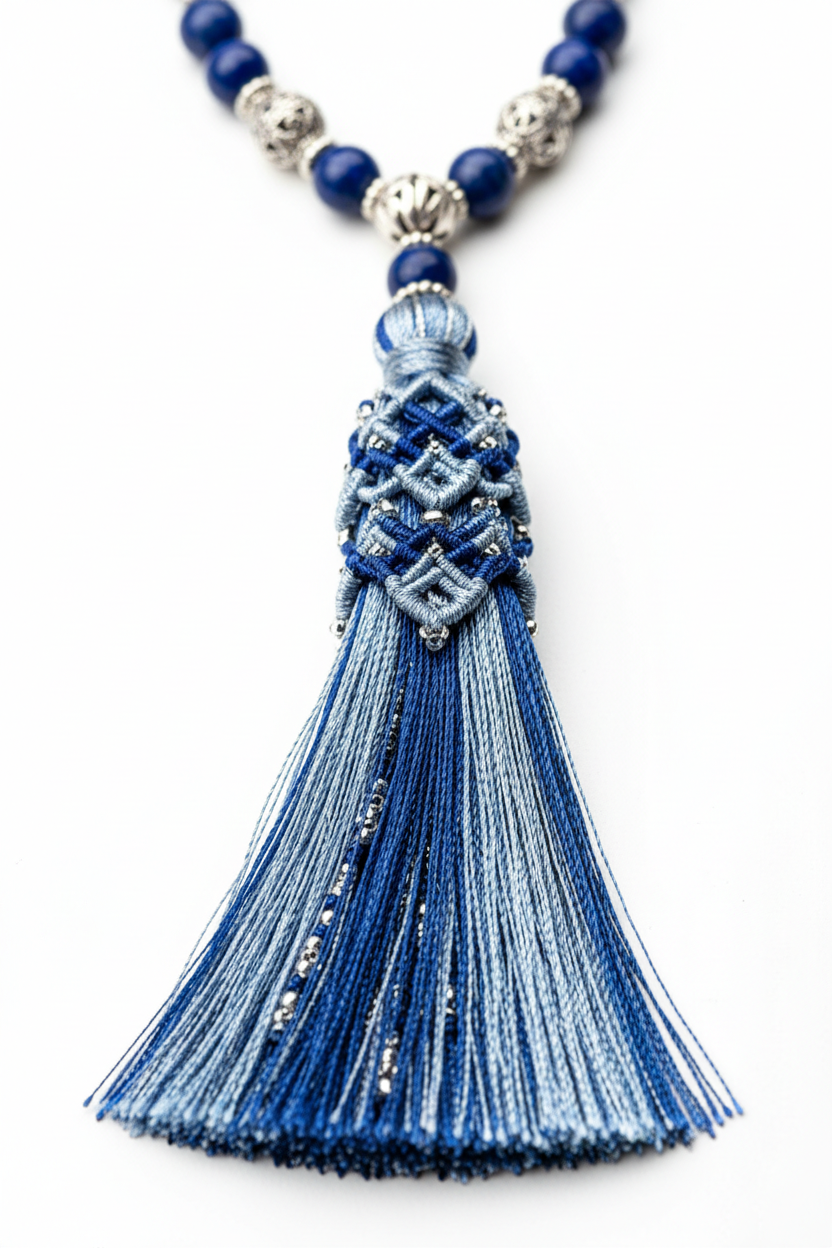 Close-up of Le Celeste Mala elegant silk tassel in celestial tones