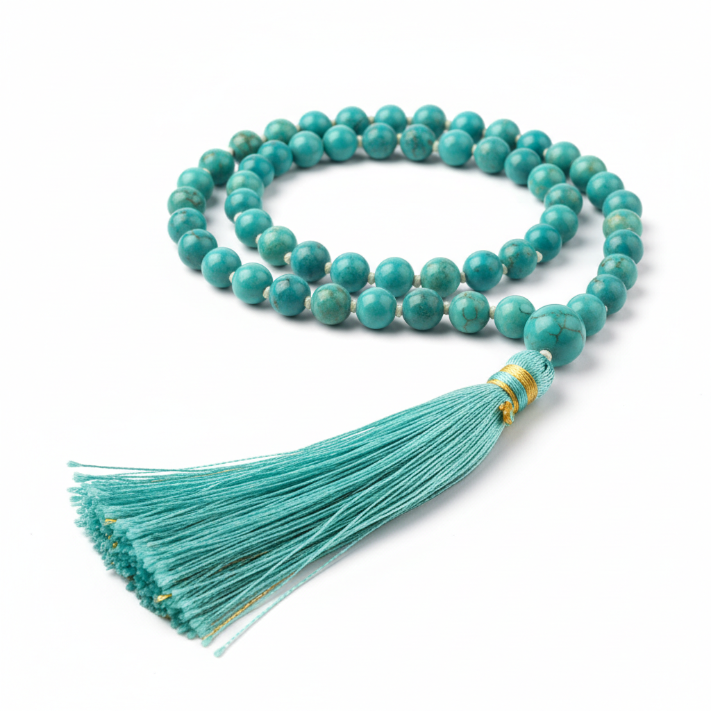 Luxury turquoise mala necklace side angle view