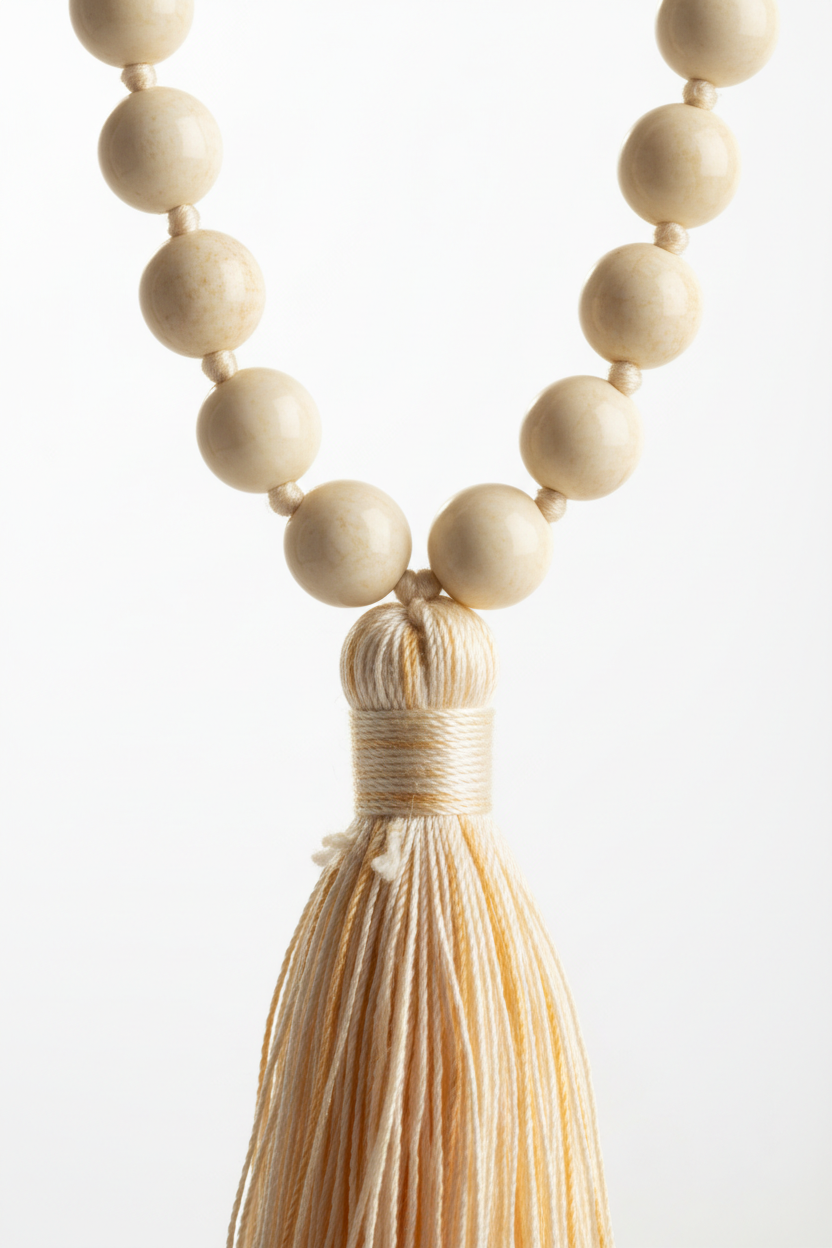 Macro close-up of Le Divine Mala ivory bead texture and handcrafted cord craftsmanship