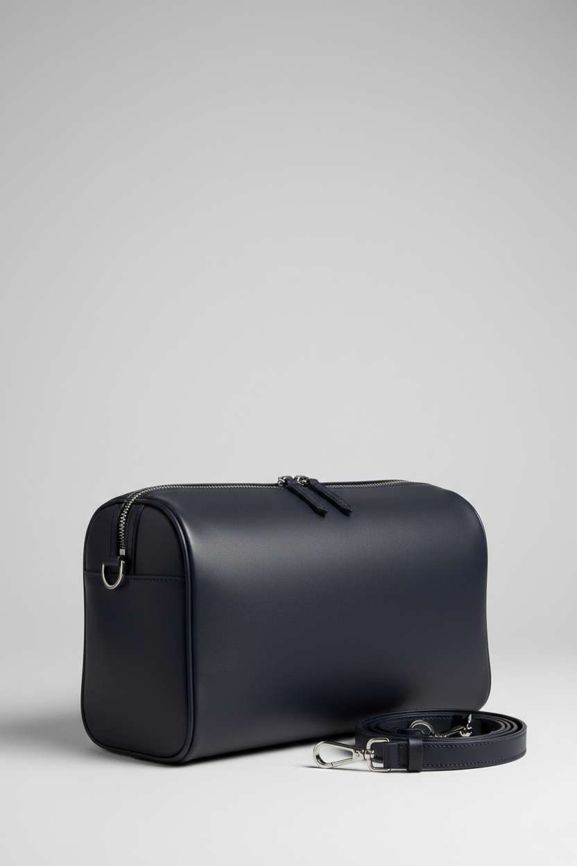 Le Compact Weekender in Navy, portrait side-angle shot with strap