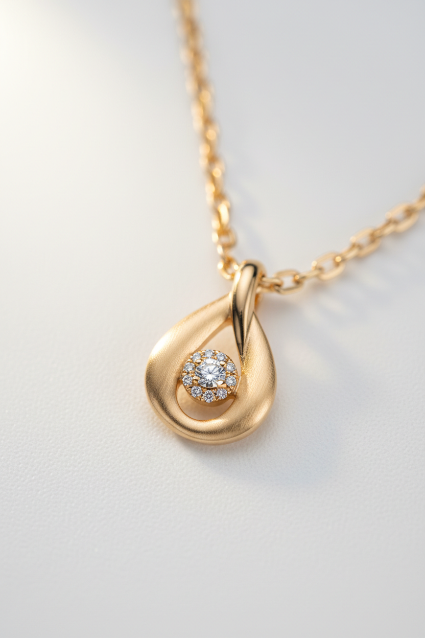 Macro detail of Le Lumière polished gold pendant texture and craftsmanship