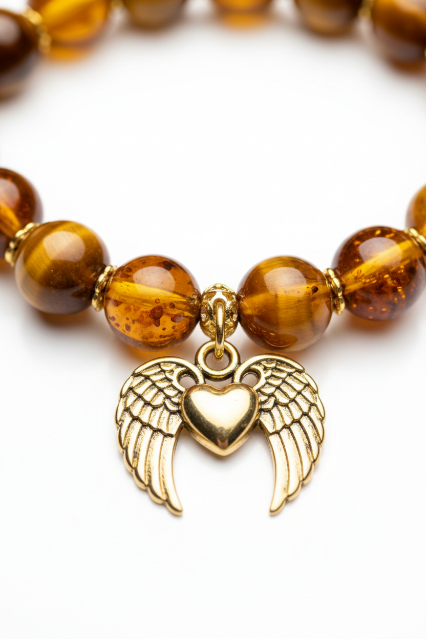 Macro jewelry image of Golden Love Bracelet showing tiger's eye chatoyancy and gold winged heart charm detail
