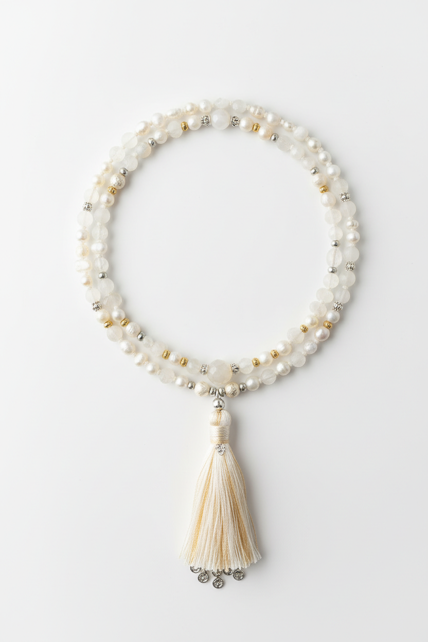 Le Divine Mala luxury soft ivory gemstone mala necklace centered on white background