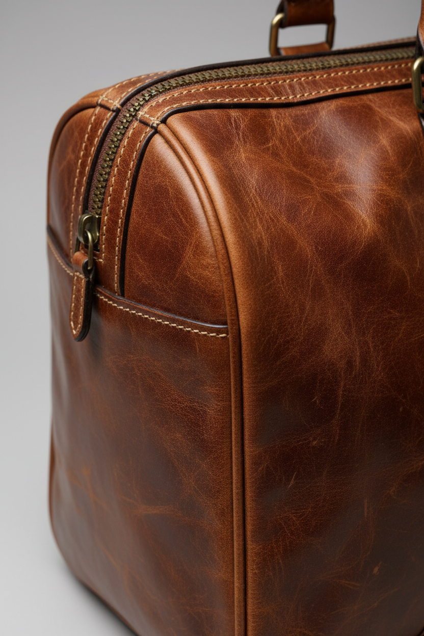 Le Compact Weekender in Brown, portrait leather and zipper macro close-up