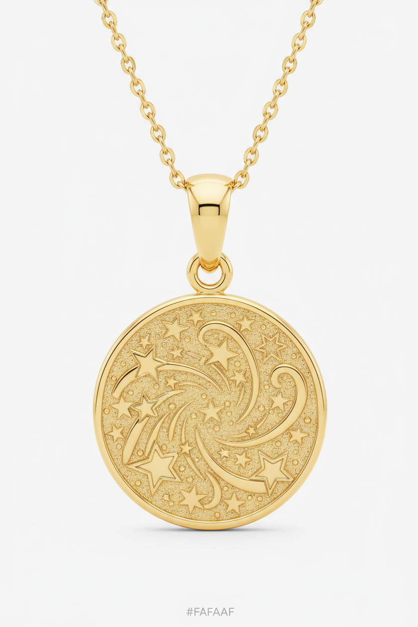Macro close-up of Le Stella gold star engraving and pendant craftsmanship