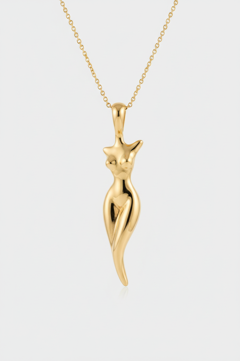 Close-up detail of Le Lumière minimal gold pendant silhouette