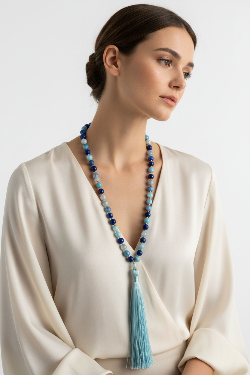 Elegant female model wearing Le Celeste Mala celestial gemstone mala necklace