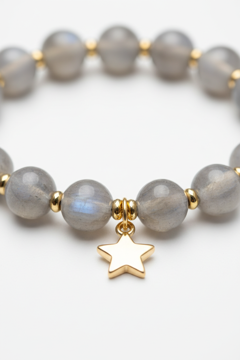 Close-up bead detail of soft grey moonstone beads on Serenity Crystal Bracelet