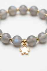 Close-up bead detail of soft grey moonstone beads on Serenity Crystal Bracelet