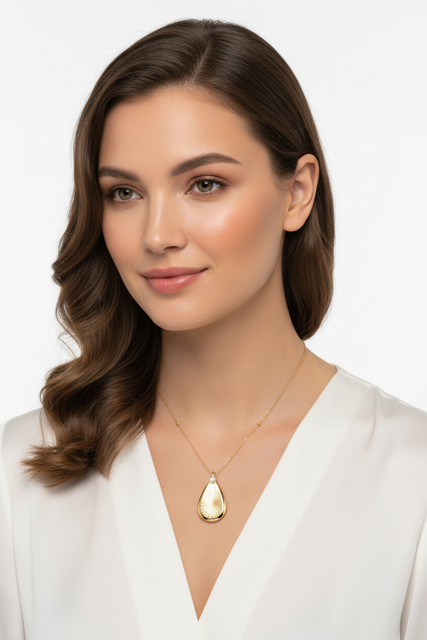Elegant female model wearing Divine Energy Necklace with gold teardrop pendant and fine chain