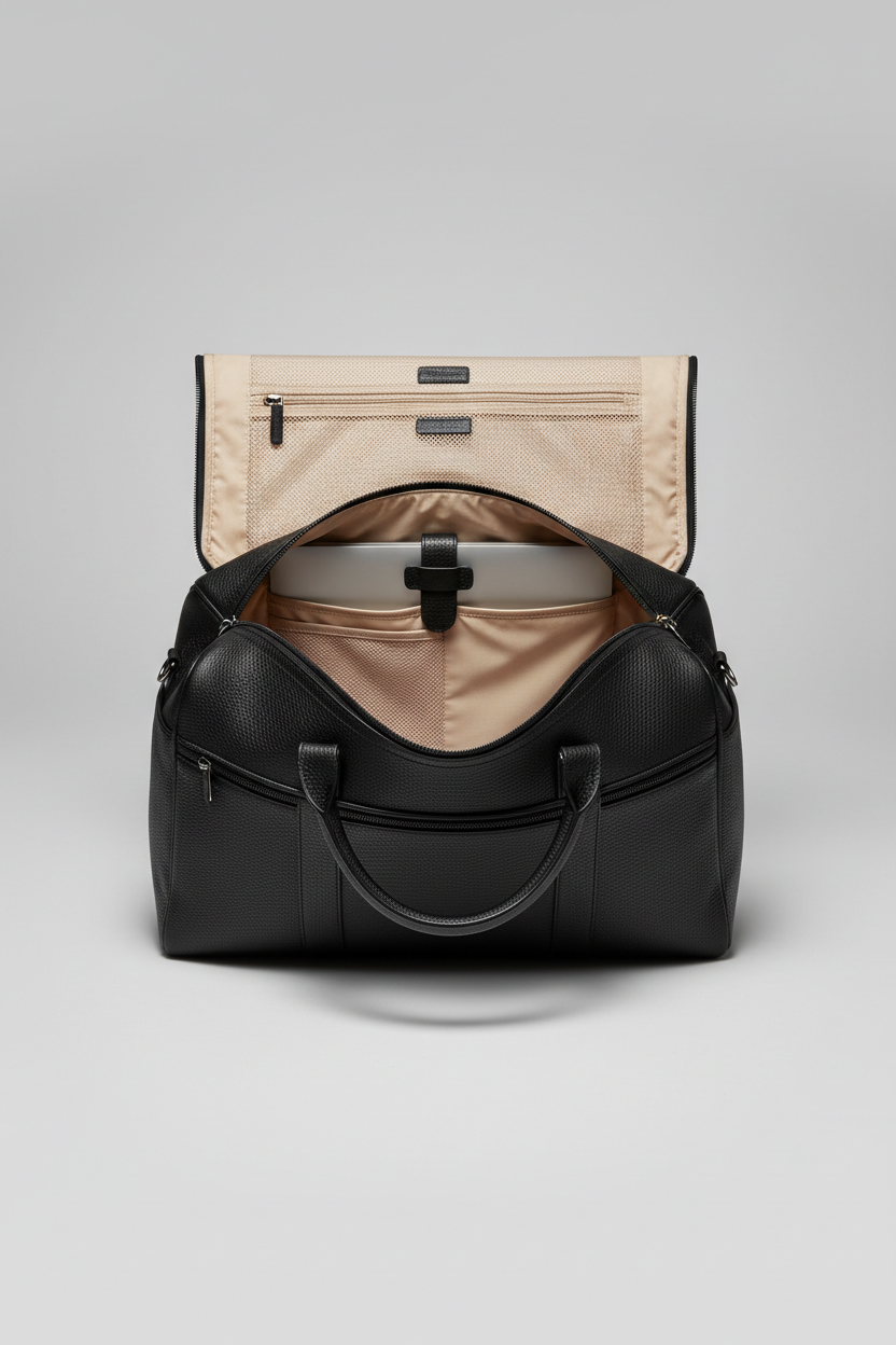 Le Compact Weekender in Black, portrait open interior compartment view