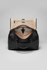 Le Compact Weekender in Black, portrait open interior compartment view