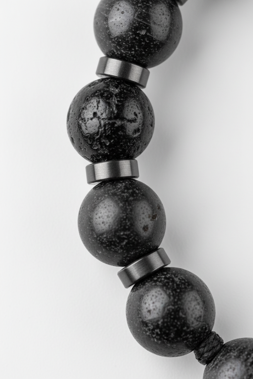 Close-up of premium dark gemstone beads on Aura Bead Bracelet with soft luxury reflections