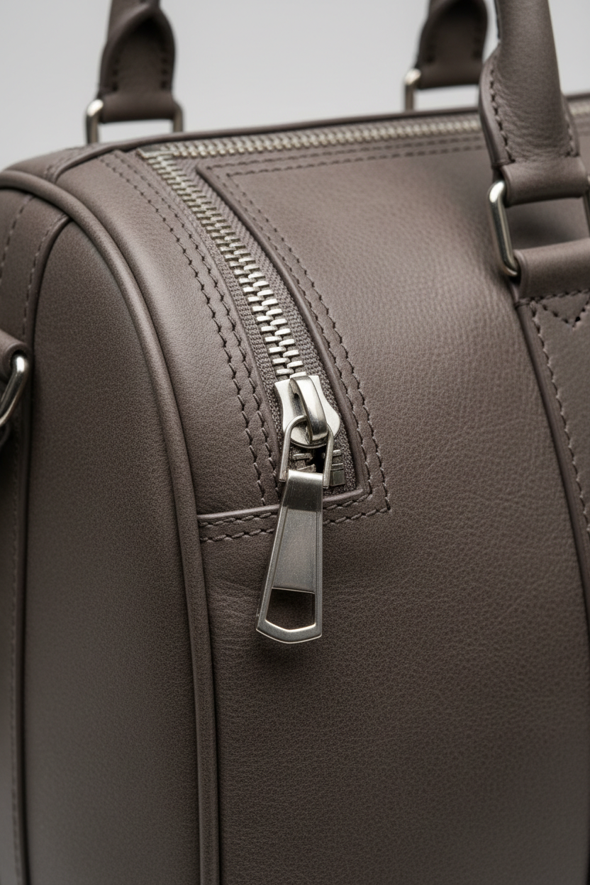 Le Compact Weekender in Gray, portrait leather and zipper macro close-up