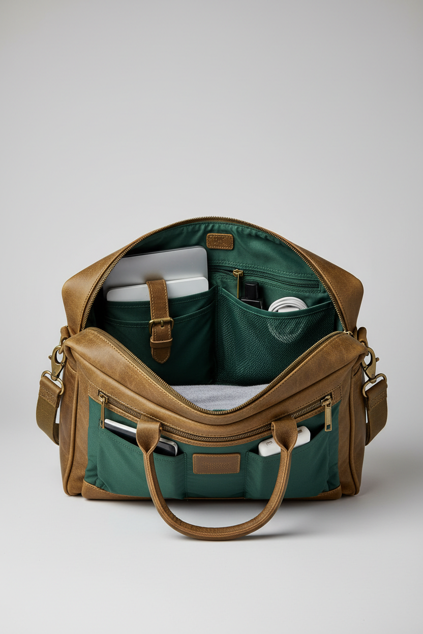Executive Carry Weekender in Olive Vintage Utility Leather – open interior compartment