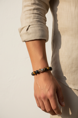 Male model wearing Stone Bead Bracelet natural stone bead bracelet on wrist