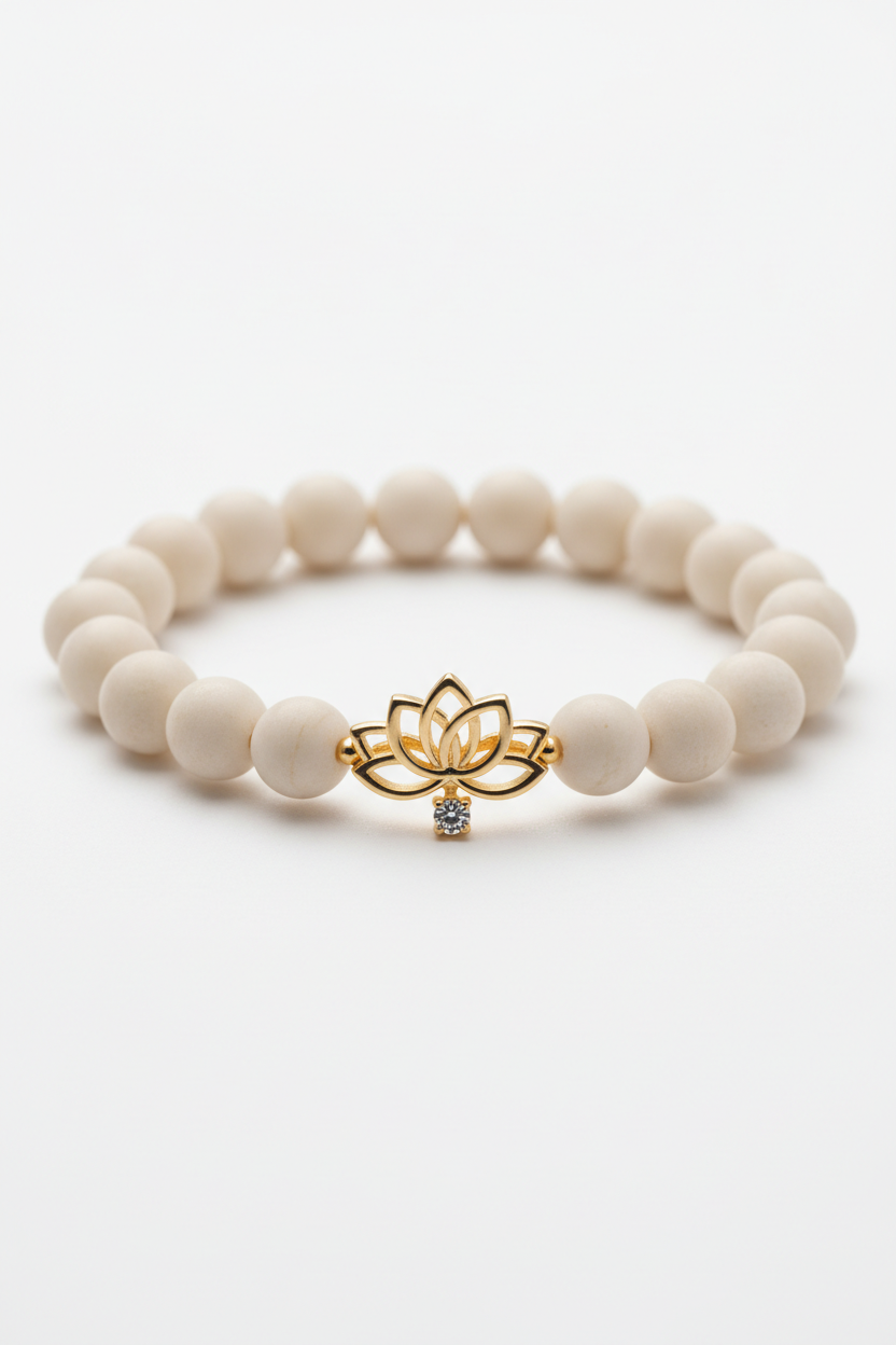 Premium delicate charm detail on Calm Soul Bracelet against neutral cream gemstone beads