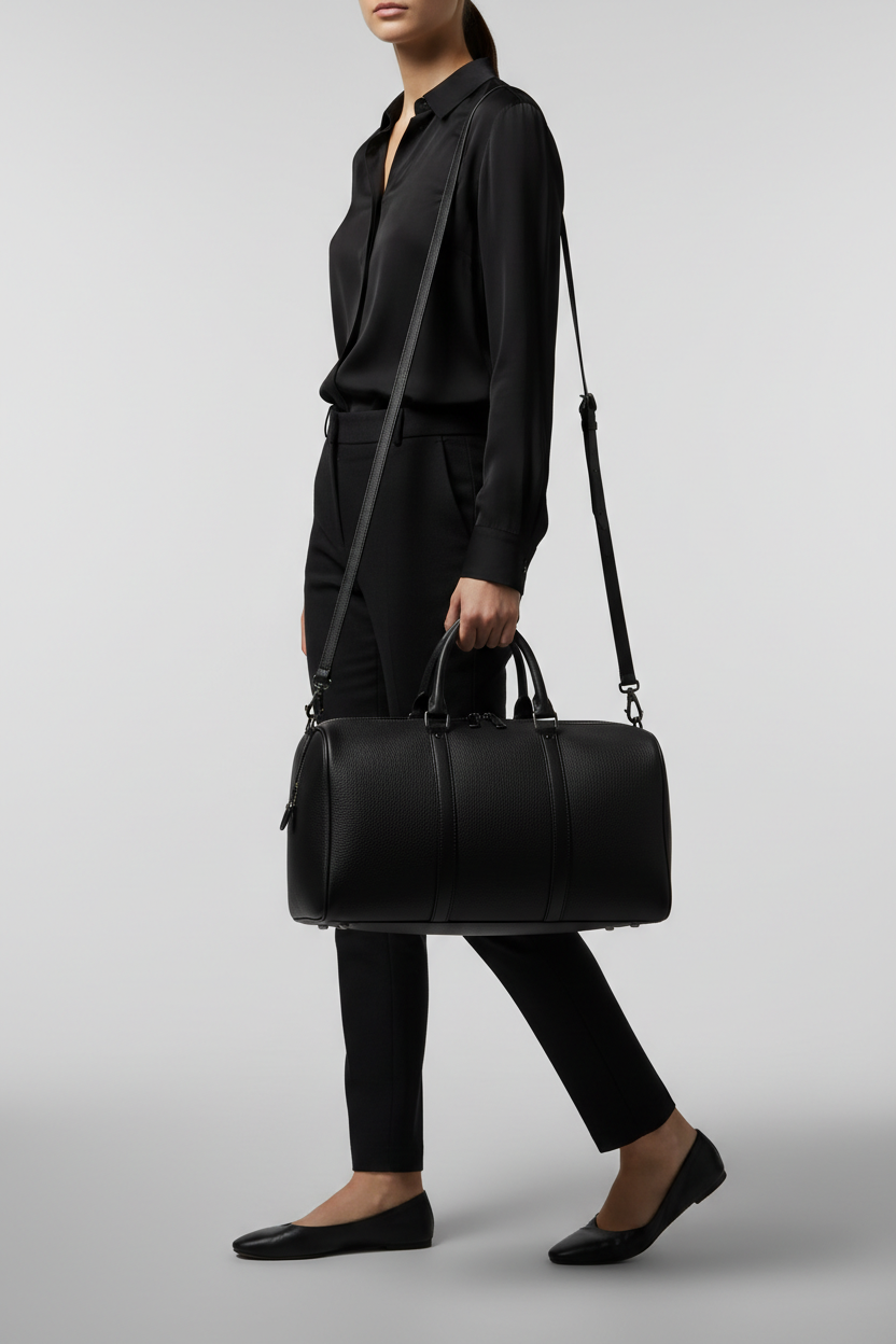 Le Compact Weekender in Black, portrait lifestyle travel model image
