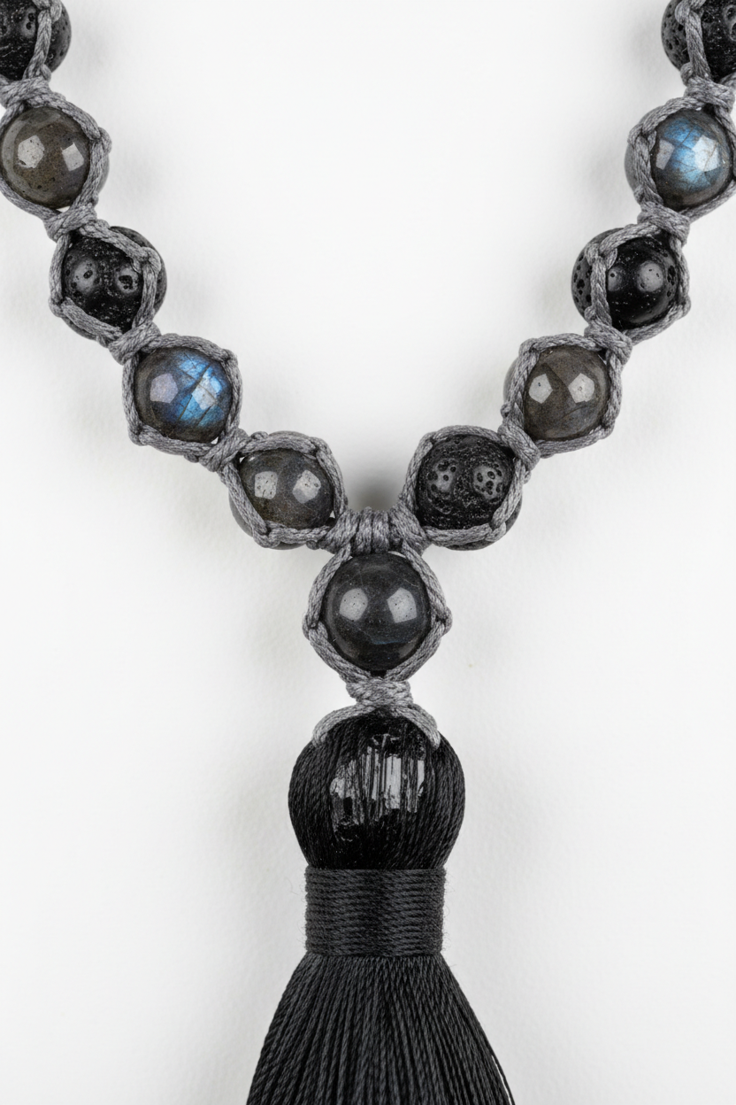 Macro image of Stone Mala Necklace natural gemstone bead surface and handcrafted cord craftsmanship