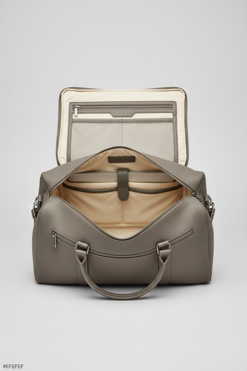 Metropolitan Travel Weekender in Gray, portrait open compartment view