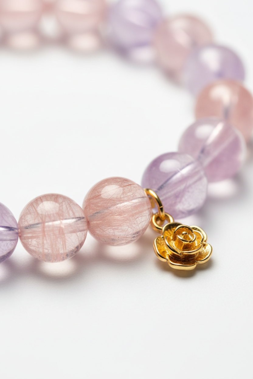 Macro close-up of blush pink strawberry quartz and pale lavender amethyst beads on Pure Love Bracelet