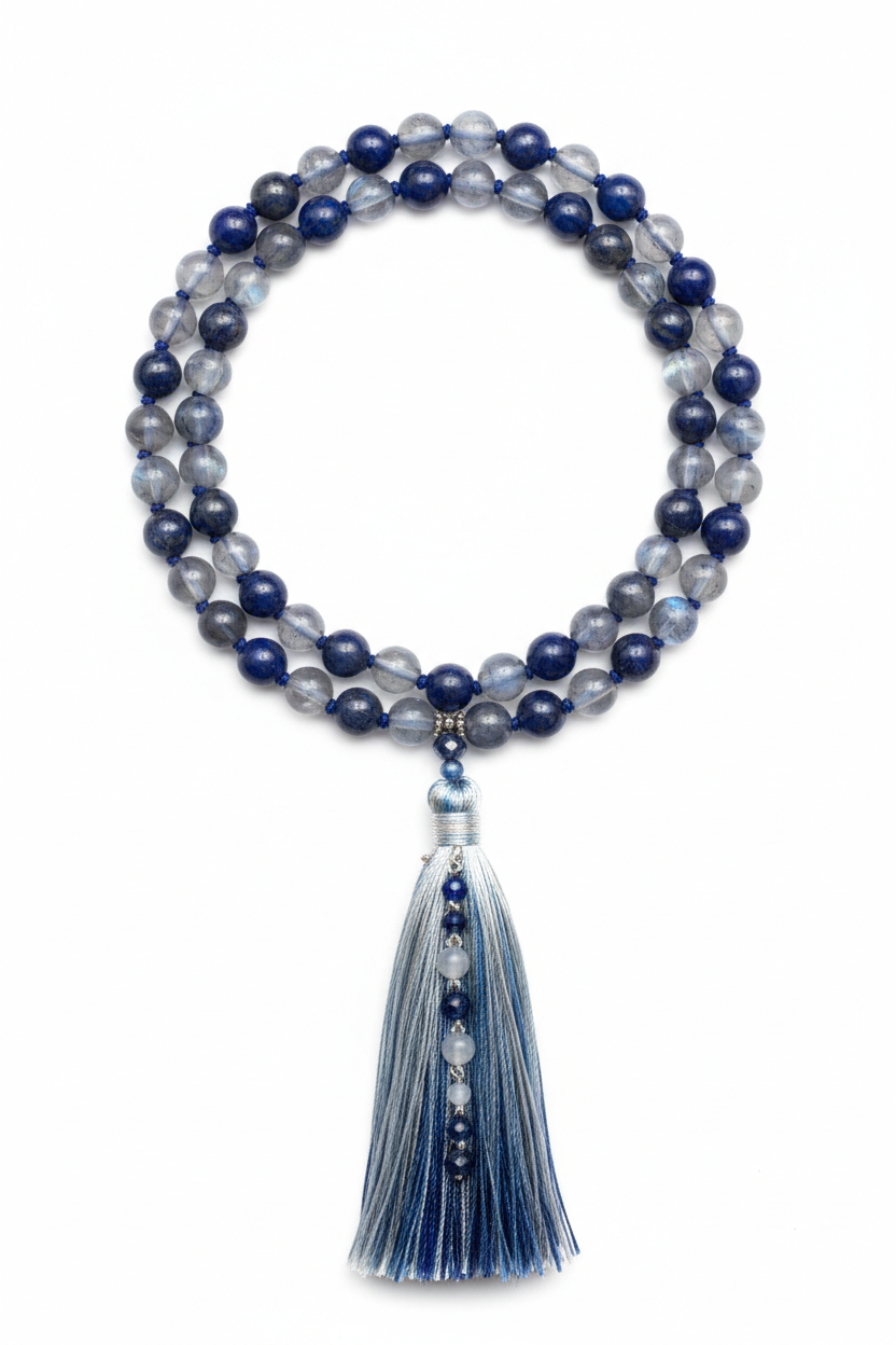 Le Luna Mala luxury spiritual gemstone mala necklace centered on white background
