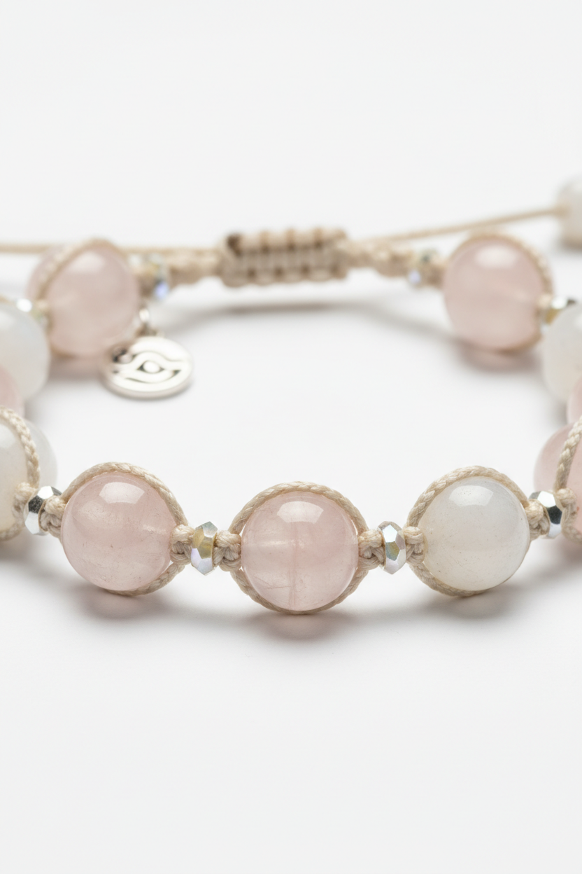 Macro texture shot of Calm Soul Bracelet premium bead surface and handcrafted cord craftsmanship