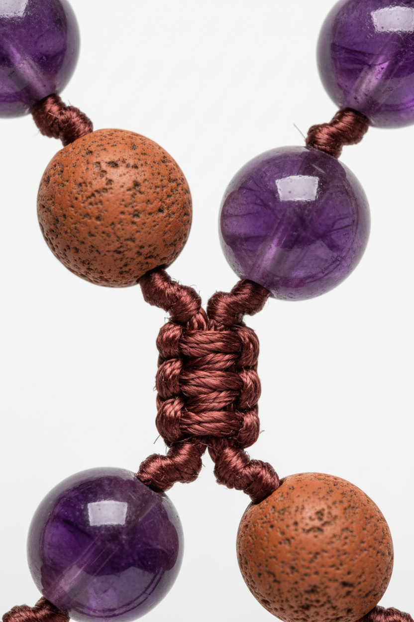 Macro detail of Le Omnia Mala gemstone bead texture and hand-knotted cord craftsmanship