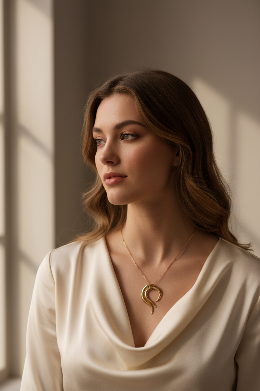 Elegant female model wearing Le Luna gold moon pendant necklace