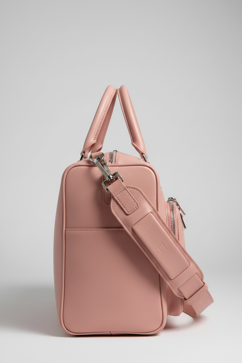 Urban Voyage Weekender in Pink Structured Executive Leather — side angle strap