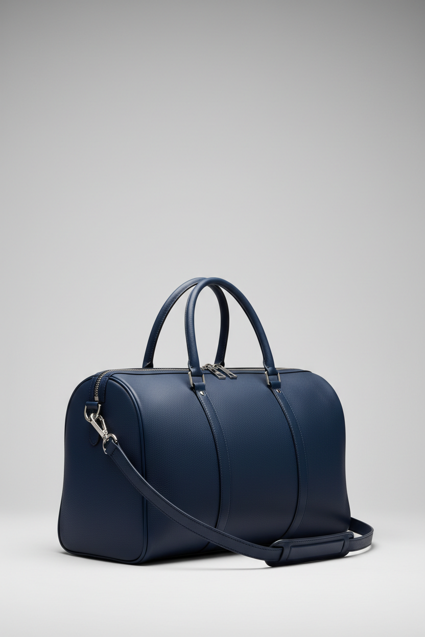 Metropolitan Travel Weekender in Blue, portrait side-angle shot with strap