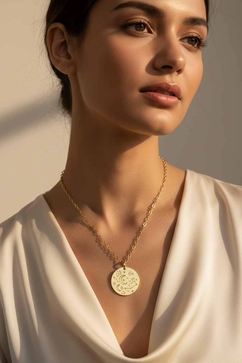 Elegant female model wearing Le Celeste gold engraved disc pendant necklace