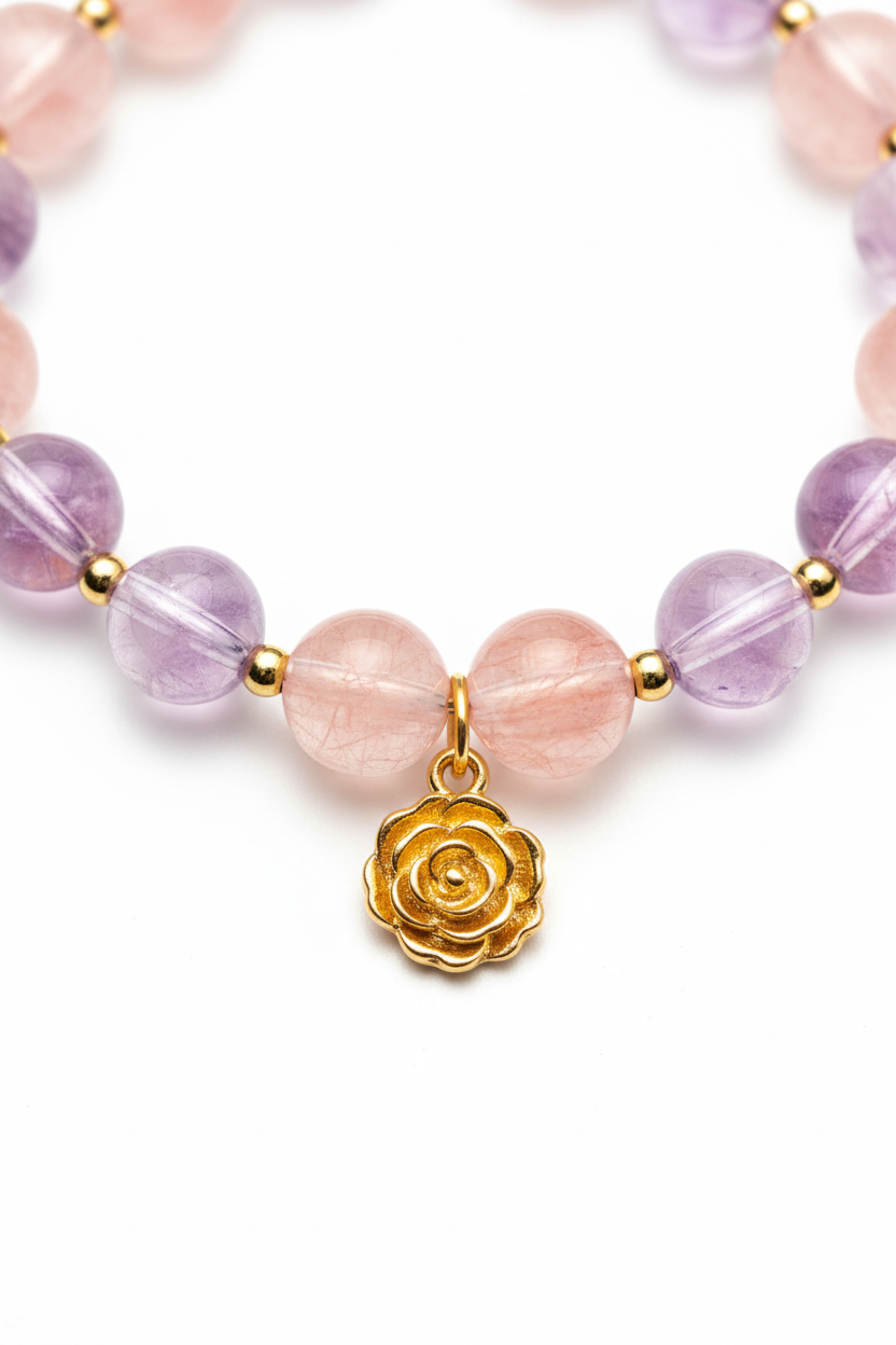Jewelry close-up of Pure Love Bracelet showing strawberry quartz and amethyst crystal clarity and gold rose charm