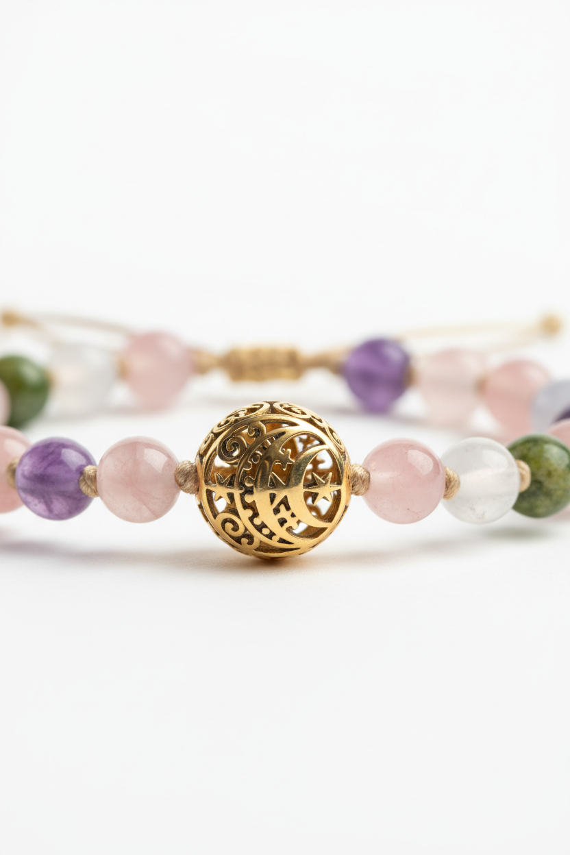 Premium elegant gold charm detail on Inner Peace Bracelet against natural gemstone beads