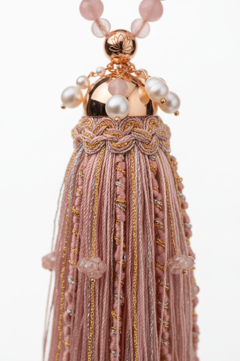 Close-up of Le Rosé Mala premium silk tassel in blush and dusty rose tones