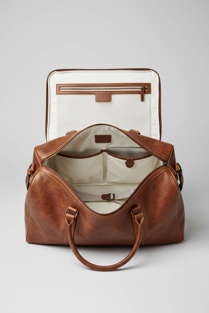 Metropolitan Travel Weekender in Bronze, portrait open compartment view