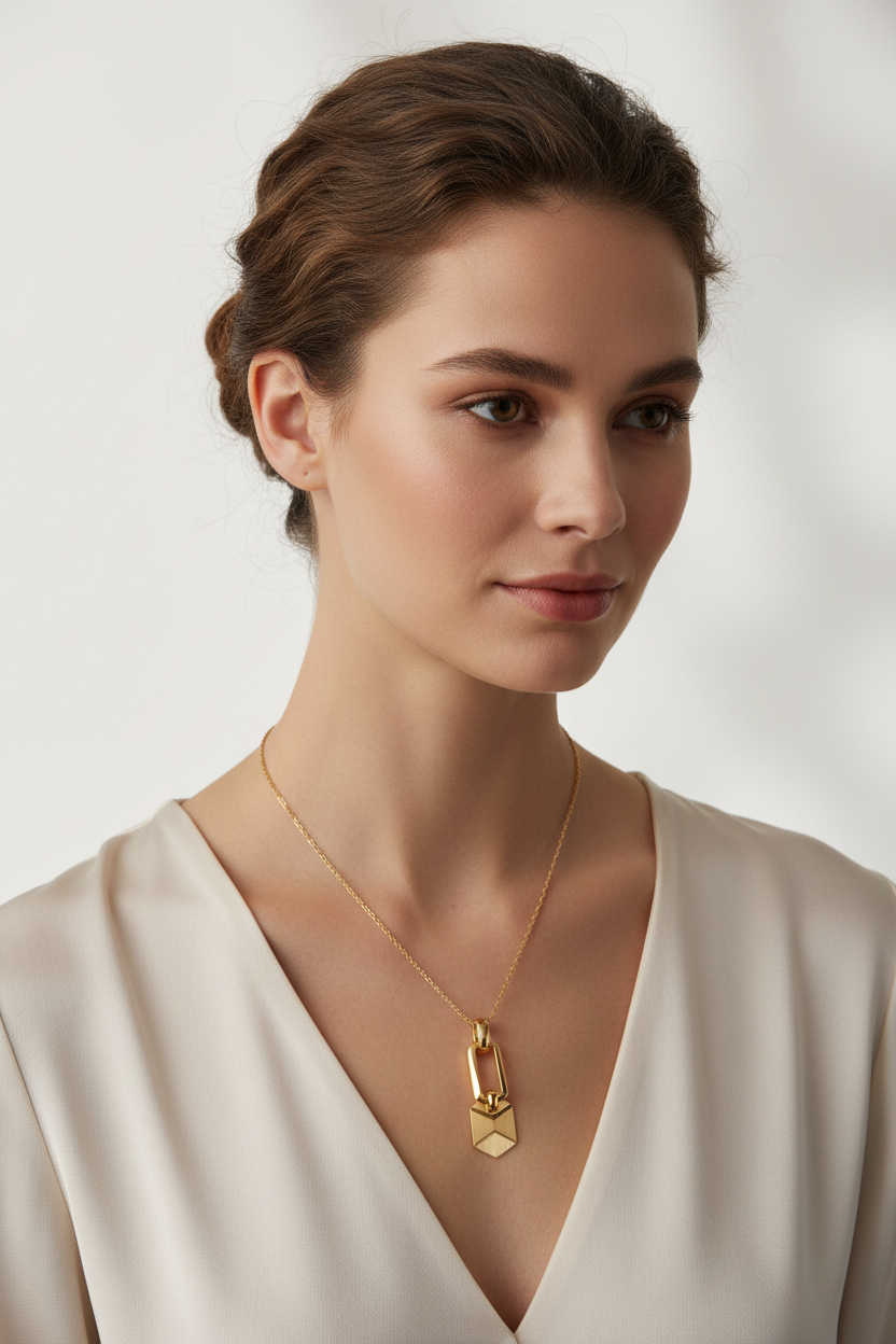 Elegant female model wearing Le Nova modern gold pendant necklace