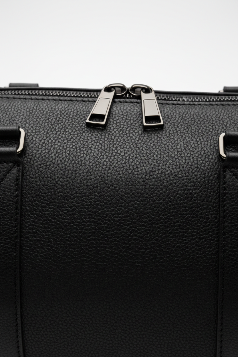 Le Compact Weekender in Black, portrait leather and zipper macro close-up