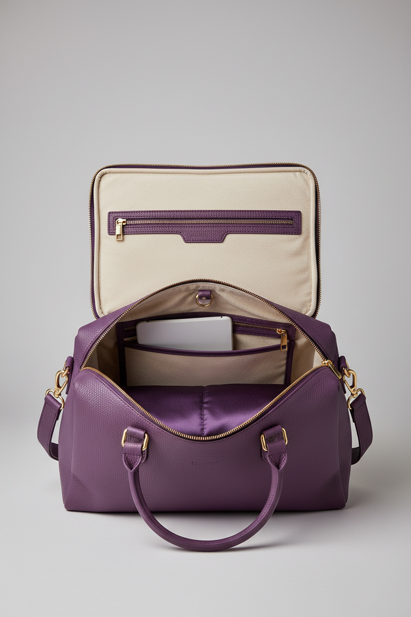 Urban Voyage Weekender in Purple Luxe Pebbled Leather — open compartment