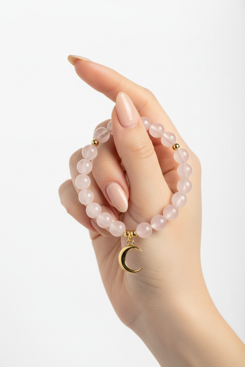 Elegant female hand wearing Calm Soul Bracelet with rose quartz beads and gold charm