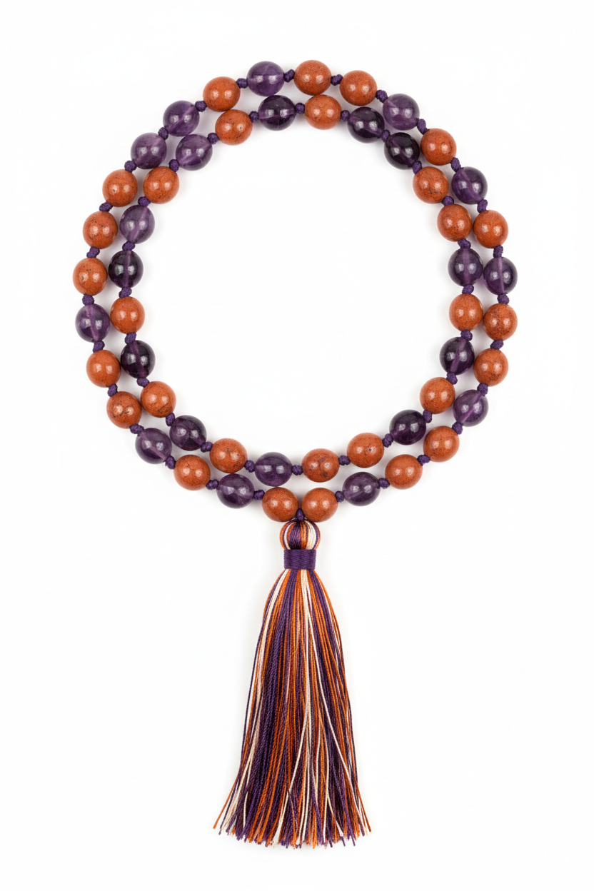 Le Omnia Mala luxury hand-knotted gemstone mala necklace centered on white background