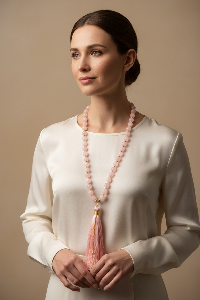 Elegant female model wearing Le Serenity Mala blush gemstone mala necklace