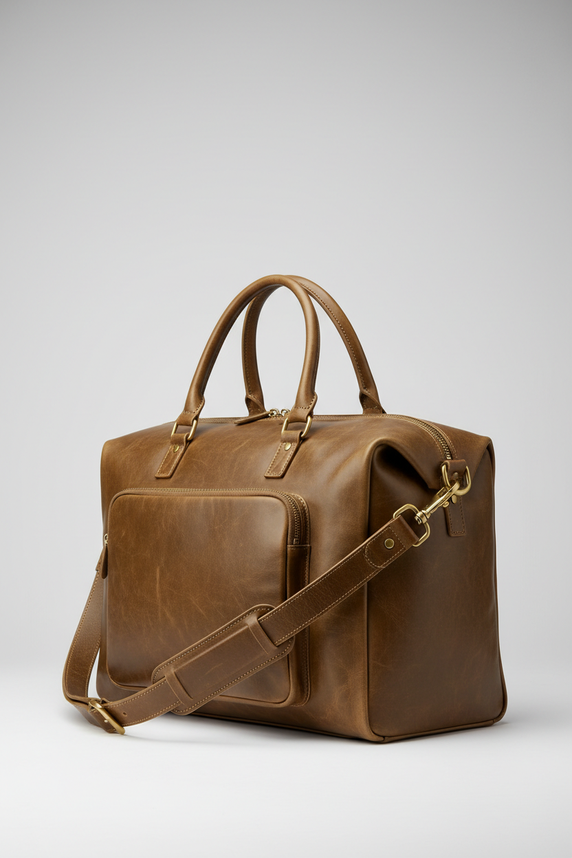 Executive Carry Weekender in Olive Vintage Utility Leather – side angle with strap