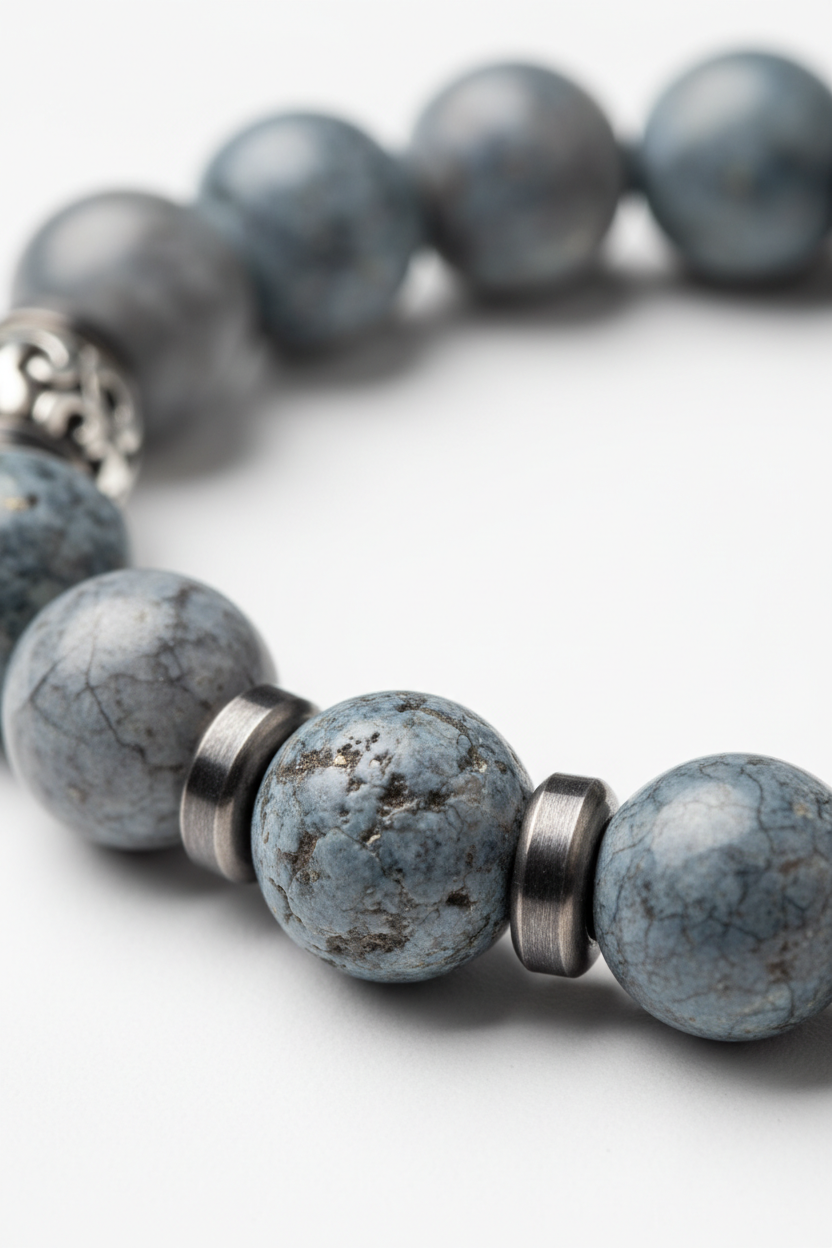 Close-up of natural gemstone beads on Zen Stone Bracelet in grey and slate tones