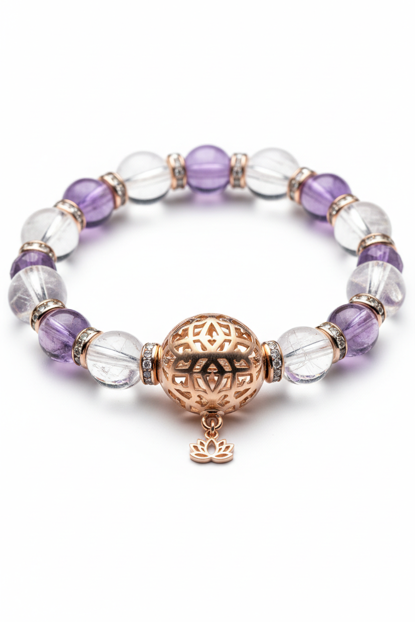 Premium delicate charm detail on Pure Energy Bracelet against crystal and lavender gemstone beads